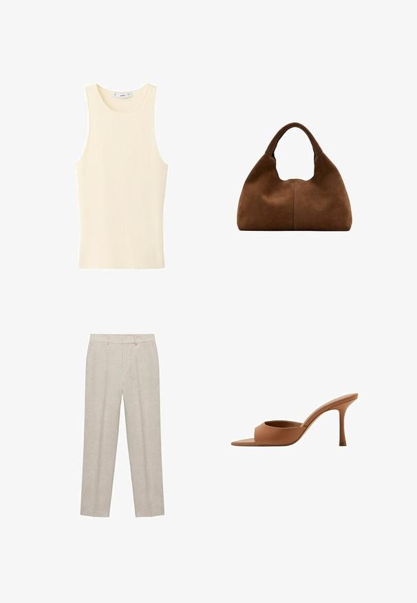 Débardeur côtelé de couleur crème, sans manches, avec un col rond et une petite étiquette de marque à l'intérieur du col au dos.; Pantalons en lin beige avec une coupe droite, dotés d'une taille plate, de passants de ceinture et de poches latérales. Texture lisse sans motifs.; Mule ouverte en cuir marron avec un talon haut fin et une large bride à l'avant, vue de profil sur fond blanc.; Sac hobo en daim marron avec une anse large et arrondie et une forme souple et décontractée sur un fond blanc.