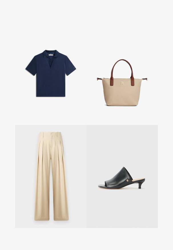 Polo bleu marine à manches courtes avec col et ouverture en V, petit logo sur la manche gauche.; Pantalons larges beige en tissu lisse. Présentent des plis nets, une taille haute et des détails de couture subtils pour un look ajusté.; Mules ouverts en cuir noir avec un talon bas. Présentent une surface lisse et un accent logo doré sur le côté.; Sac fourre-tout beige avec poignées marron, petit logo doré centré sous les poignées, et fermeture éclair en haut.