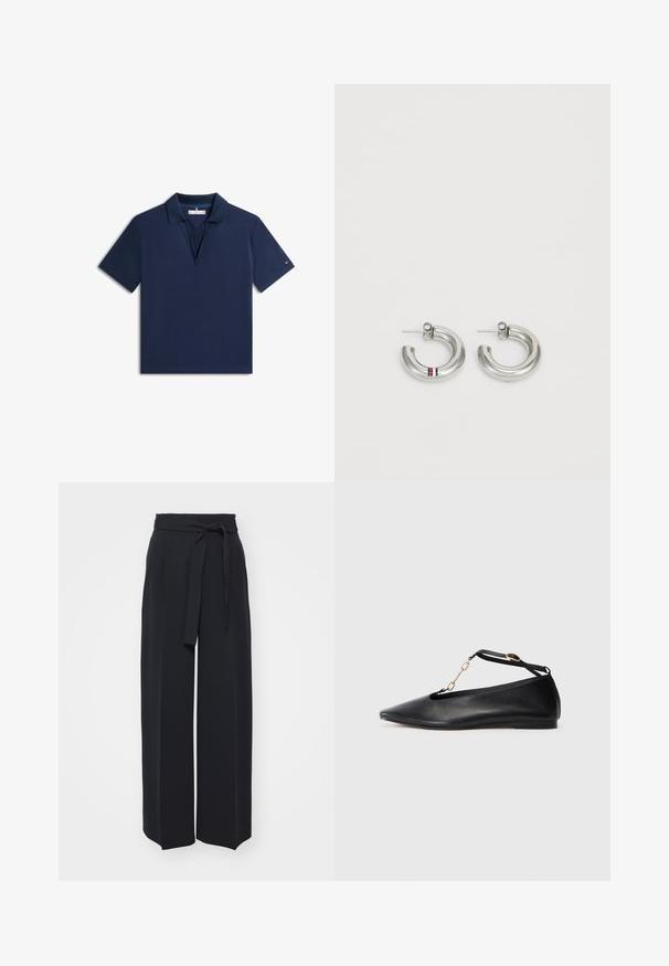 Marineblauw poloshirt met korte mouwen, kraag en V-hals, klein logo op de linkermouw.; Zwarte wijde broek van zachte stof. Voorzien van een ceintuur en plooien aan de voorkant. Glad textuur met een strakke, hedendaagse stijl.; Zwarte leren ballerina's met een pointed toe, uitgesneden ontwerp, enkelbandje en gouden kettingaccent. Glad oppervlak, minimale hak.; Zilverkleurige hoepel oorbellen met een glad, rond ontwerp en een kleine accentstreep in rood, wit en blauw. Veilige studsluiting.
