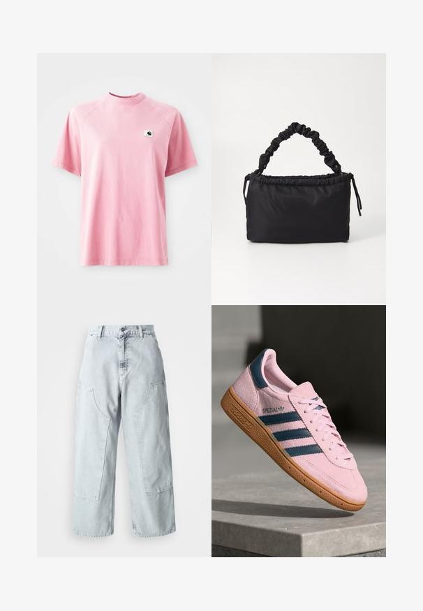Pink bomulds t-shirt med rund hals og korte ærmer. Har en lille firkantet logo-patch på venstre brystområde. Glat tekstur.; Lys blå denim bred benbukser med store sidelommer, høj talje og løst fit. Slidte tekstur med en falmet finish.; Lyserød ruskindssneaker med marineblå tre striber, gummisål og lyserøde snørebånd. Har "SPEZIAL"-branding på siden.; Sort taske lavet af blødt, glat stof. Har et sammensnoet håndtag og en snørrelukning, med en rektangulær form og ingen synlig hardware.