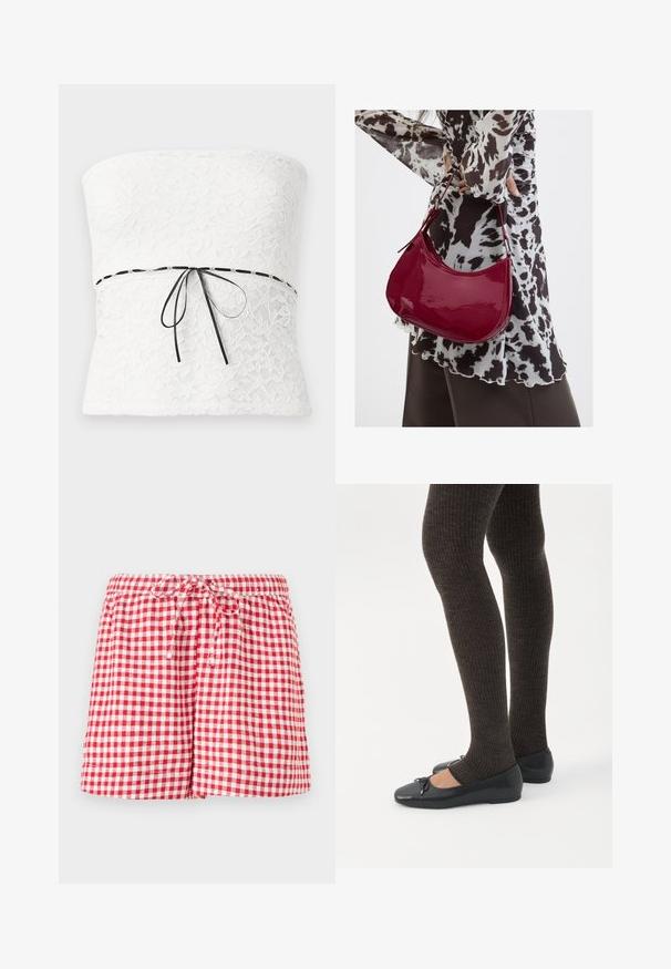 Haut sans bretelles en dentelle blanche avec un motif floral et un nœud en ruban noir à la taille, présentant une finition texturée.; Shorts à carreaux rouges et blancs avec une taille élastique et un cordon de serrage. Présentent une coupe décontractée et des bords ourlés. Le tissu semble léger.; Jambes portant des leggings côtelés foncés associés à des ballerines noires avec de petits détails en nœud sur fond blanc.; Femme portant un chemisier à motif noir et blanc tenant un sac à main rouge brillant sur un fond uni.
