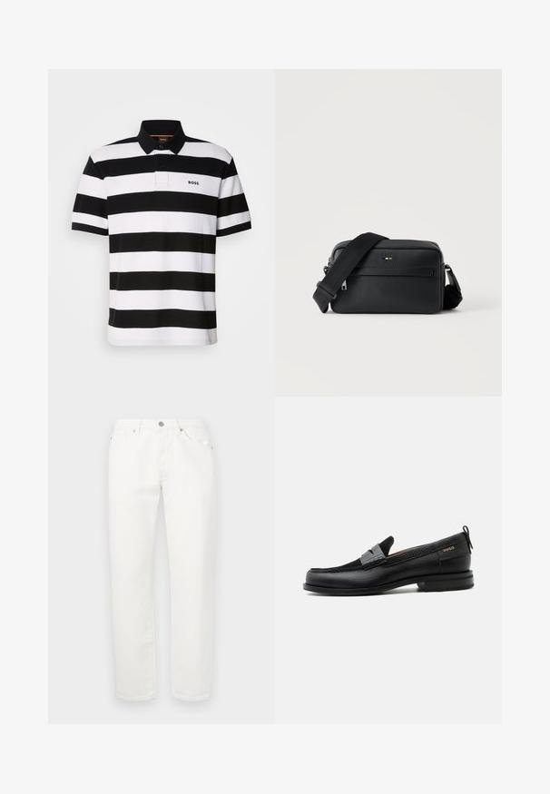 Polo a rayas en blanco y negro con cuello, tapeta de dos botones y detalle de logo. La tela parece suave y con textura.; Pantalones de mezclilla blanca con un diseño de pierna recta. Presenta un clásico diseño de cinco bolsillos, cierre de botón metálico y una ligera textura.; Mocasín de cuero negro con detalle de tira gris, tacón bajo y suela texturizada, con la marca "HUGO" en oro en el lateral.; Bolso bandolera negro de cuero texturizado con bolsillo frontal con cremallera y correa de hombro ancha de tela ajustable sobre fondo blanco.