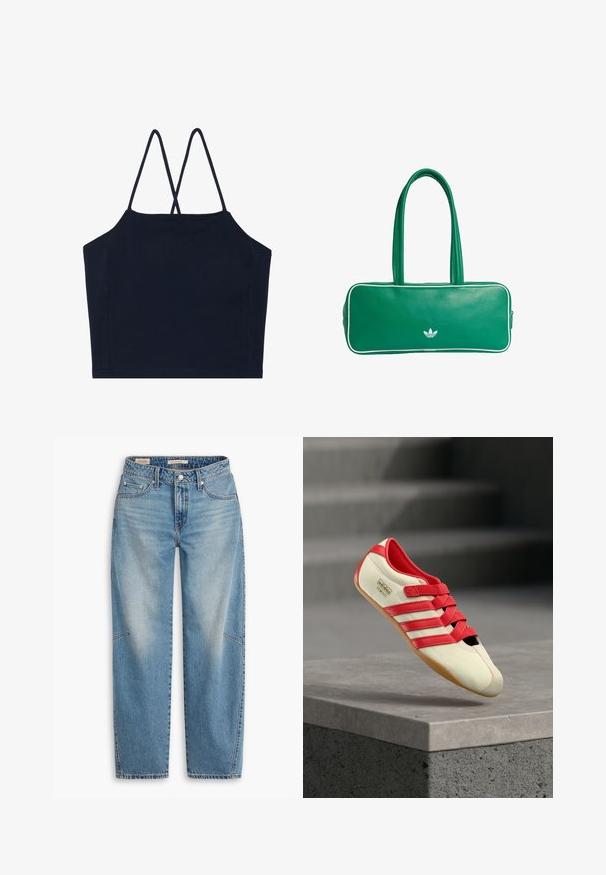 Marineblaues, kurzes Tanktop mit dünnen, überkreuzten Trägern. Hergestellt aus glattem Stoff und präsentiert ein einfaches, schmuckloses Design.; Hellblaue Jeans aus Denim mit lockerem Schnitt, geradem Bein, Knopfleiste und Fünf-Taschen-Stil sowie dezenten Verblassungen und Ziernähten.; Roter und cremefarbener Sportschuh mit drei roten Streifen, weichem Obermaterial, Gummisohle und Klettverschlüssen. Verfügt über ein schlankes, flaches Design.; Grüne Handtasche aus Kunstleder mit rechteckiger Form, weißen Paspeln und Doppelgriffen. Auf der Vorderseite ist ein dezentes weißes Logo zu sehen.