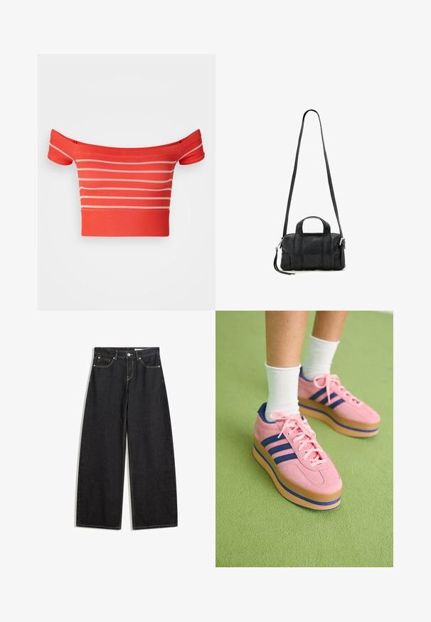 Crop top rouge à épaules dénudées avec des rayures horizontales rose clair, design ajusté, texture côtelée et manches courtes.; Jean en denim large à taille haute, avec cinq poches, des coutures contrastées et une fermeture à bouton. Texture lisse avec une coupe classique.; Baskets plateforme en suède rose avec des rayures bleues et des lacets rose. Semelle épaisse beige avec un accent bleu. Portées avec des chaussettes blanches jusqu'à la cheville sur une surface verte.; Sac bandoulière en cuir texturé noir avec poignées supérieures, bandoulière réglable, poche avant patch et fermeture éclair.