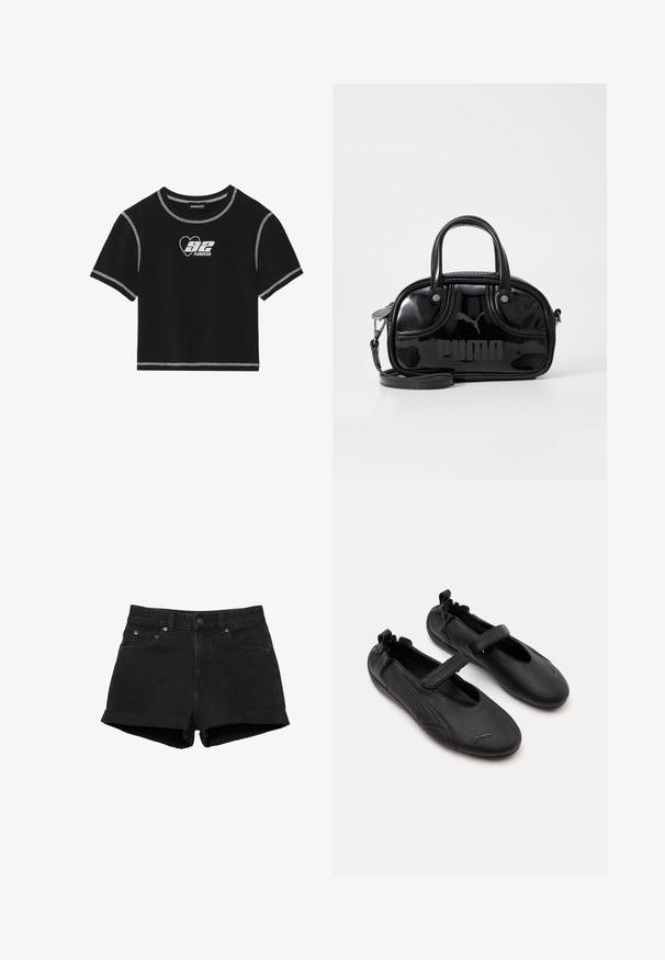 Even&Odd by Zalando T-shirts print - black; Sorte denimshorts med opkrøbede kanter, forlommer, bæltestropper og knaplukning på hvid baggrund.; Par sorte læder Mary Jane-stil sko med elastisk bagpå og velcrolukning, med en diskret Puma-logo på hver tå.; Sort lakeret håndtaske med dobbelte top-håndtag, aftagelig skulderrem, rund form og et fremtrædende præget "PUMA"-logo.