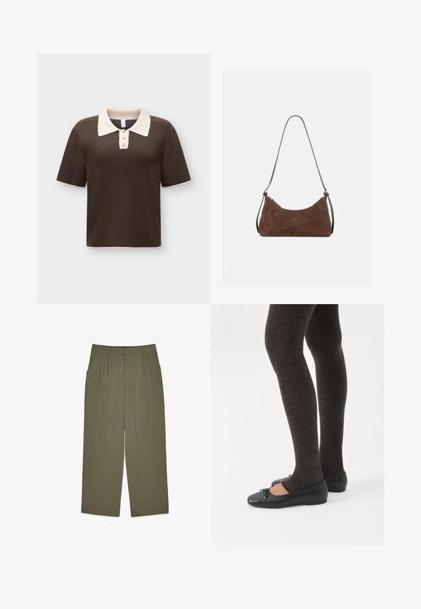 Polo de punto marrón de manga corta con cuello blanco en contraste, tres botones decorativos y ribete blanco en las mangas y el dobladillo.; Pantalones de tiro alto en verde oliva con lazos para el cinturón, pliegues frontales, bolsillos laterales y corte de pierna ancha, presentados planos sobre fondo blanco.; Piernas con leggings oscuros acanalados combinados con bailarinas negras que presentan pequeños detalles de lazo sobre un fondo blanco.; Bolso de hombro de ante marrón con cremallera superior curva y una correa fina ajustable, mostrado sobre un fondo claro y liso.