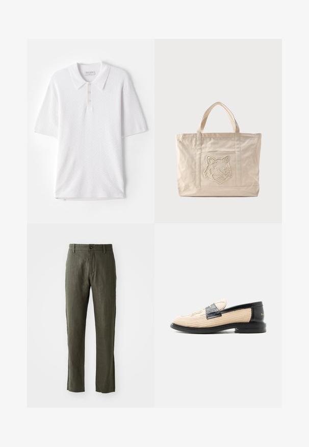 Hvid polo skjorte med struktureret ribbet stof, kravehals og tre små forreste knapper. Korte ærmer og lige kant.; Olivengrønne linnedbukser med lige snit, der har en frontlås med knap og sidelommer. Stoffet har et struktureret udseende.; Beige vævet loafer med sort skindkant, rundet tå, sort sål og dekorativt syet mønster på oversiden.; Beige lærredsnettaske med dobbelte håndtag og et præget ulvehoveddesign på forlommen.