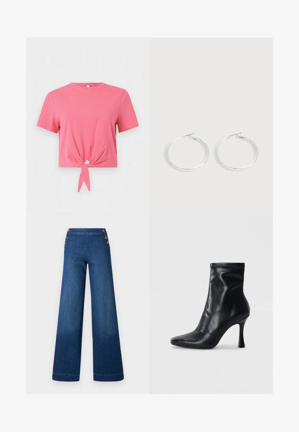 Pink kortærmet crop top med rund hals og knudedetalje foran på ensfarvet baggrund.; Denimbukser med vidde i benene i mørkeblå. Har en flad front med fem knapper i gylden tone til lukning. Glat tekstur med en klassisk finish.; Sort læder ankelstøvle med spids tå, tætsiddende silhuet og høj stiletter hæl. Glat tekstur og minimal syning.; Par skinnende sølvøreringe med tynde trådlåse, vist på en lys grå baggrund.