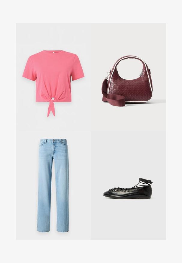 Roze cropped T-shirt met korte mouwen, ronde hals en knoopdetail aan de voorkant op een effen achtergrond.; Lichtblauwe denim jeans, met een recht ontwerp, voorzien van vijf zakken en een knoopsluiting aan de voorkant. Soepele textuur met subtiele vervaging.; Zwarte ballerina's van lakleer met een afgeronde neus, veterdesign en een platte zool. Glad oppervlak met minimale details.; Donkerrode geweven leren handtas met gebogen handvat, witte bies, zilveren rits en afneembare brede stoffen schouderriem tegen een effen achtergrond.