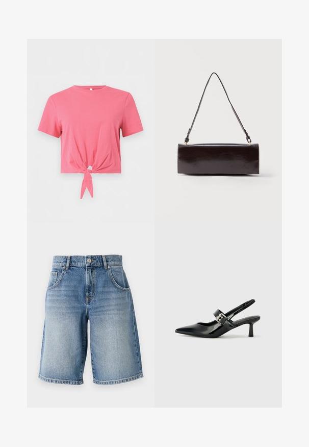 Roze cropped T-shirt met korte mouwen, ronde hals en knoopdetail aan de voorkant op een effen achtergrond.; Lichte blauwe denimshorts met een rechte snit, vijf zakken en bronzen hardware. Heeft een rafelrand en een vervaagde wassing.; Zwarte gepatineerde leren slingback hakken met een puntige neus en een kleine blokhak, met een zilveren gespaccent op de band.; Rechthoekige zwarte leren handtas met een enkele lange schouderband en een glanzende afwerking, weergegeven tegen een effen witte achtergrond.