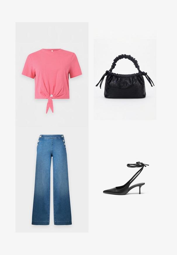 Roze cropped T-shirt met korte mouwen, ronde hals en knoopdetail aan de voorkant op een effen achtergrond.; Brede blauwe denim broek met een hoge taille, knoopaccenten aan de zijkant en een schone zoom. De stof heeft een gladde textuur met een lichte vervaging.; Zwarte leren stiletto-schoen met een spitse neus, open achterkant en enkelschoentjes die in een strik zijn geknoopt. Slanke 3-inch hak. Glad textuur, minimalistisch ontwerp.; Zwarte handtas met krokodillenstructuur, geplooide bovenrand, samengevoerde handgreep en koordtassels aan elke kant tegen een witte achtergrond.