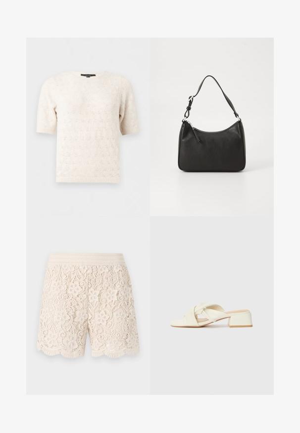 Kortærmet striksweater i creme med subtilt hulmønster, rund halsudskæring og ribstrikkede manchetter og kant.; Blonde shorts i off-white med blomsterprint, bølget kant og elastisk talje, der har detaljeret udarbejdning i hele stoffet.; Cremefarvede blokhælede sandaler med snoede stropper og en flad tåbund. Glat syntetisk materiale med en mat finish.; Sort læderhåndtaske med en buet form, en enkelt rem, lynlås lukning og diskret branding på forsiden. Glat tekstur, minimalistisk design.