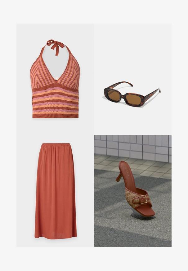 Strikket halterneck-top med ribbet tekstur i brune, pink og orange striber og chevron-mønstre, bundet ved nakken.; Rustrød, midilång nederdel med elastisk talje og blød, draperet stof for komfort. Ingen synlige mønstre eller detaljer.; Brun højhælet mule med flettet rem og guldlås, hvilende på en udendørs belagt overflade nær en flisebeklædt væg.; Skildpaddefarvede solbriller med rektangulær form, brune linser, glat plastikskelet og tynde stænger med subtile tonale mønstre.