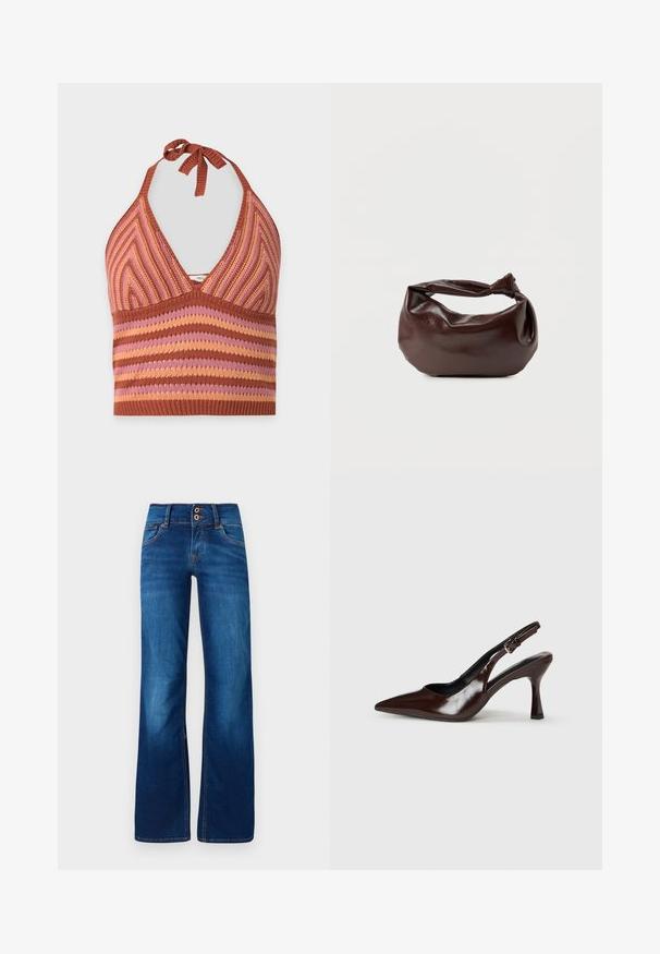 Strikket halterneck-top med ribbet tekstur i brune, pink og orange striber og chevron-mønstre, bundet ved nakken.; Bredde ben blå jeans lavet af denim, med to forreste knapper, orange syninger og en glat tekstur. Klassisk fem-lomme design.; Brune patenterede læderslingback-sandaletter med spids tå, en tynd hæl og justerbar rem med en lille spænde.; Mørkebrun læder skuldertaske med en blød, afslappet form og et snoet knudehåndtag på en ensartet hvid baggrund.