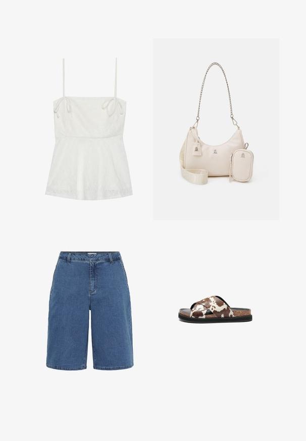 Weiße Spaghettiträgertop mit verstellbaren Trägern, strukturiertem Blumenmuster auf dem Stoff und ausgestelltem Saum.; Denim-Shorts mit blauem Waschdesign, klassischem Schnitt, fünf Taschen und kontrastierenden Nähten an den Säumen. Mittlere Taillenhöhe und gerades Bein.; Braun-weiße gemusterte Riemensandale mit einem überkreuzten Design aus weichem Material, einem Korkfußbett und einer schwarzen Gummisohle.; Beige Lederhandtasche mit einer geschwungenen Form, Kettenriemen, silberner Hardware und abnehmbarem kleinem Täschchen. Texturiertes Band mit Logo-Muster.