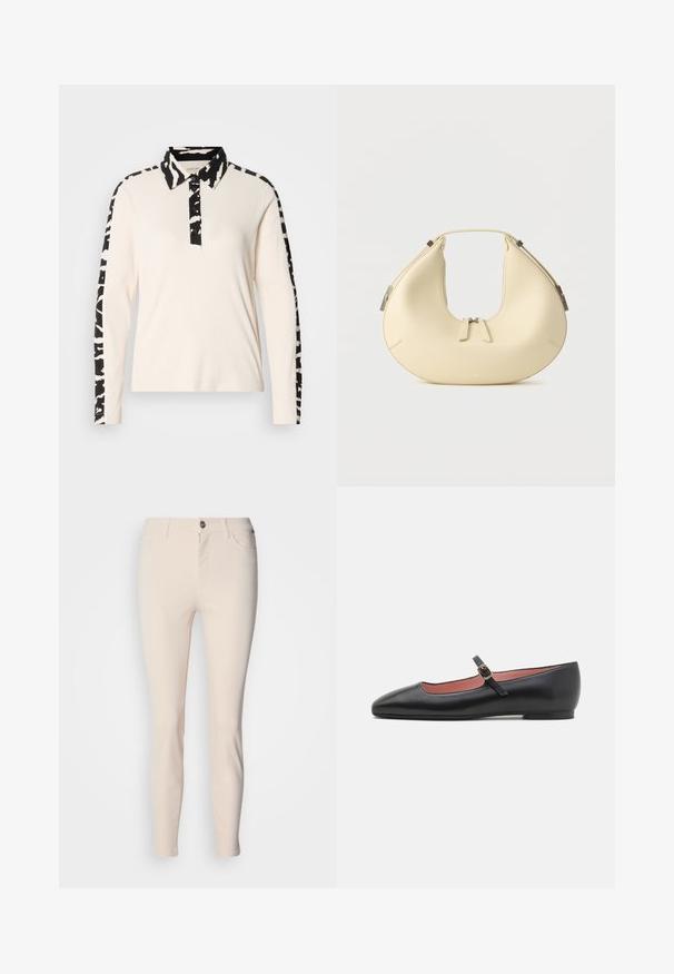 Langærmet polo med en cremefarvet krop, sort zebra-mønstret krave og ærmer, med knappet lukning og ribbestruktur.; Lyse beige tætsiddende jeans med en glat tekstur, der har lynlås, knaplukning og klassisk fem-lomme design.; Sorte lædersandaler med spids tå og ankelrem, der har en gylden spænde. Glat tekstur med en let blank finish.; Beige håndtaske i halvmåneform med dobbelt lynlåslukning og kort håndtag, udstyret med sølvfarvede hardware-detaljer på siderne.