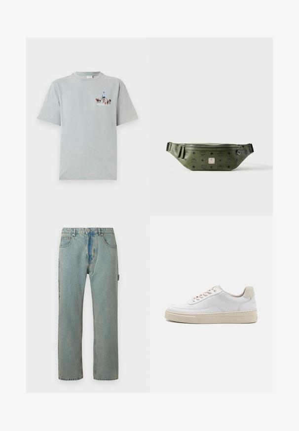 Lichtblauwe katoenen T-shirt met korte mouwen en een ronde hals, met een grafisch ontwerp van een persoon die honden uitlaat op de voorkant.; Lichtblauwe, loszittende denim jeans met vijf zakken, een knoopsluiting en zichtbare stiksels. De stof heeft een vervaagde, gestructureerde uitstraling.; Witte sneaker met een gevoerd leren bovenwerk, beige veters en een gestructureerde beige suede hieltab. Verhoogde zool voor extra hoogte.; Olijfgroene textuurleren heuptas met zwarte logo's, zilveren ritssluiting, dubbele ritstrekkers en centrale zilveren merkembleem.