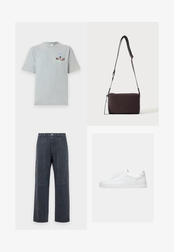 T-shirt en coton bleu clair avec manches courtes et col rond, présentant un design graphique d'une personne promenant des chiens sur le devant.; Jean gris foncé à coupe large, avec des patchs décoratifs à l'avant présentant un motif floral discret et des détails de poches standards.; Baskets basses blanches avec un design à lacets, dessus en cuir lisse et semelle épaisse, montrées de profil sur un fond uni.; Sac bandoulière en cuir marron foncé texturé avec une sangle réglable et un petit accent décoratif bleu sur le côté.