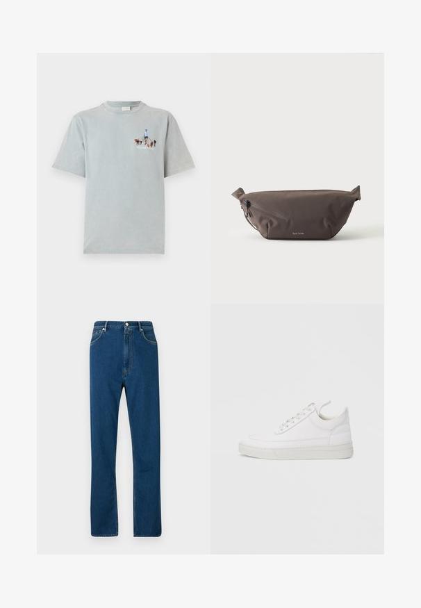 Lyseblå bomulds t-shirt med korte ærmer og rund hals, med et grafisk design af en person, der går med hunde på fronten.; Blå denimjeans med høj talje, lige ben, fem lomme-design og kontrasterende orange syninger. Glat tekstur.; Hvid lædersneaker med rundet tå, flad sål og snørebånd foran. Har syningsdetaljer og polstret krave for komfort.; Mørkebrun stof talje taske med diagonalt lynlåslomme og lille hvidt logo på fronten, sat mod en ensfarvet lys baggrund.