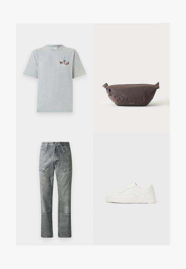 Lyseblå bomulds t-shirt med korte ærmer og rund hals, med et grafisk design af en person, der går med hunde på fronten.; Grå denimjeans med lige pasform, der har frontlommer, synlige sømme og en falmet finish. Materialet har en glat overflade.; Hvid lavskoet lædersneaker med snørelukning, tekstureret hælkappe og let rillede hvide gummisål på en ensfarvet lys baggrund.; Mørkebrun stof talje taske med diagonalt lynlåslomme og lille hvidt logo på fronten, sat mod en ensfarvet lys baggrund.