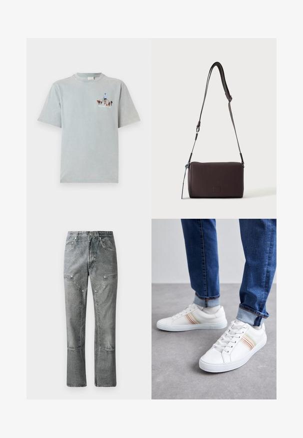 Lichtblauwe katoenen T-shirt met korte mouwen en een ronde hals, met een grafisch ontwerp van een persoon die honden uitlaat op de voorkant.; Grijze denimjeans met een rechte snit, voorzien van frontzakken, zichtbare stiksels en een vervaagde afwerking. Het materiaal heeft een gladde textuur.; Witte leren sneakers met meerkleurige strepen, vetersluiting, rubberen zool en gevoerd kraagje, gecombineerd met blauwe spijkerbroek.; Donkerbruine gestructureerde leren crossbodytas met verstelbare riem en klein decoratief blauw accent aan de zijkant.