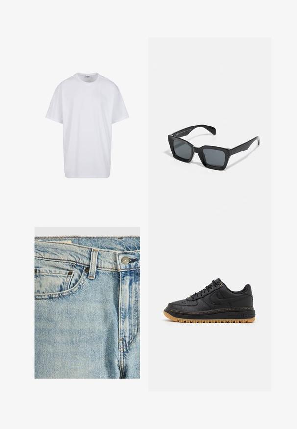 Hvid, kortærmet bomulds-T-shirt med rund hals og synligt størrelses- og mærkelabel inde i kraven.; Lysblå denim jeans med et klassisk fem-lomme design, der har kobberdetaljer, tonet syning og en blød, let slidt tekstur.; Sort lædersneaker med tekstureret overflade, rund tå, perforerede detaljer og gummigummisål. Har kontrastfarvet gul syning og logo.; Sorte rektangulære solbriller med mørke linser. Plastisk stel med højglans finish, der har en bred næsebro og let tilspidsede arme.