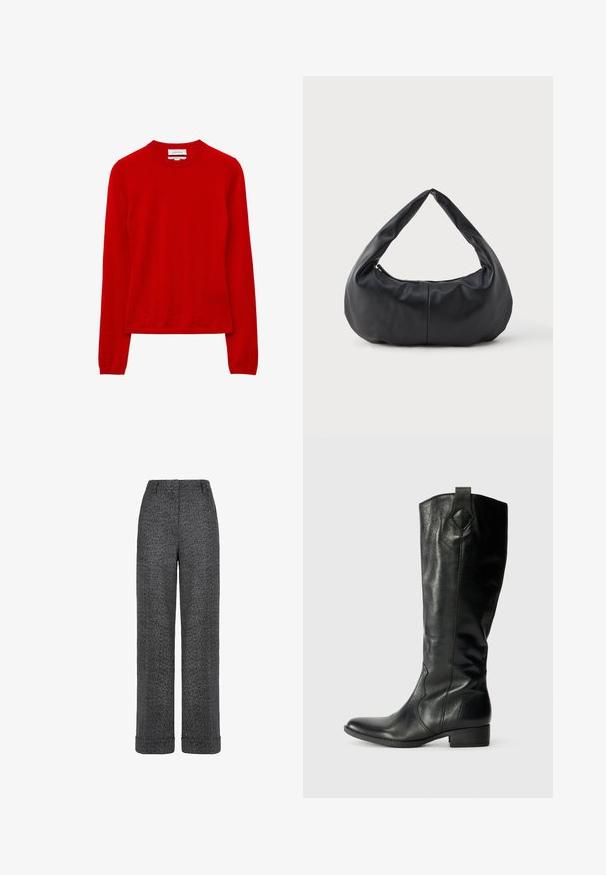 Rød langærmet sweater med rund halsudskæring, lavet af blødt strikmateriale, med lige skæring og minimale sømme.; Grå uldbukser med fiskebenmønster, lige ben, opsmøgede kanter og taljebånd med bæltestropper.; Sorte læderknæ-høje støvler med en glat finish, spids tå, lav blokhæl og dekorativ syning langs siderne.; Sorte bløde læder halvmåneformet håndtaske med et tykt, polstret håndtag og lynlås lukning i toppen.