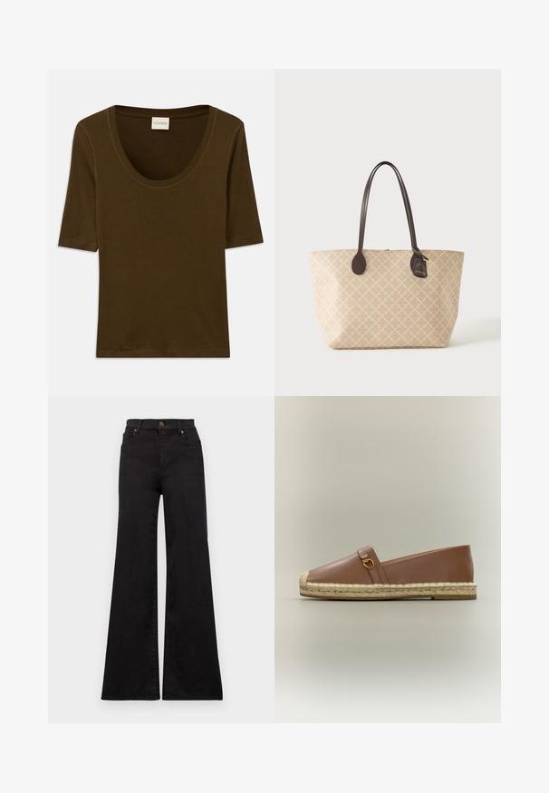 Brun kortærmet skjorte lavet af blødt stof med rund halsudskæring og et enkelt, rent design. Ingen mønstre eller yderligere detaljer.; Sorte flared jeans lavet af denim med høj talje, med forlommer og metaldele på knappen og nitterne.; Brun læder slip-on espadrille med flettet jutesål og lille guldbeslag på overdelen, vist på neutral baggrund.; Beige mulepose med let skravering, mørkebrune læderhåndtag og en lille påsat mærkat på hvid baggrund.