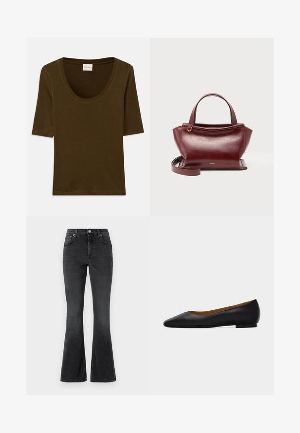 Braunes Kurzarmhemd aus weichem Stoff mit Rundhalsausschnitt und einem einfachen, schlichten Design. Keine Muster oder zusätzlichen Details.; CLOSED JOVANNA - Jeans Slim Fit - dark grey; Schwarzer flacher Schuh aus Leder mit spitz zulaufender Vorderkappe, niedrigem Absatz und glatter Oberfläche, von der Seite vor einem hellgrauen Hintergrund dargestellt.; Dunkelrote Lederhandtasche mit zwei oberen Griffen, abnehmbarem Schulterriemen, goldfarbenen Beschlägen und dem Markennamen Wandler vorne mittig.