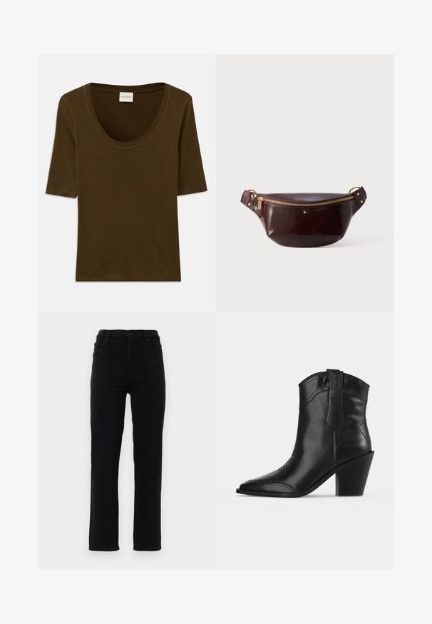 Chemise marron à manches courtes en tissu doux, avec un col arrondi et un design simple et épuré. Aucun motif ni détail supplémentaire.; Jeans en denim noir avec des jambes droites, une taille mi-haute et cinq poches. Comprend une fermeture à bouton à l'avant et des passants de ceinture.; Bottine noire en cuir avec bout pointu, coutures décoratives, languette de tirage et talon bloc épais sur fond clair uni.; Sac de taille en cuir brillant marron foncé avec fermeture éclair et dorures, au design minimaliste, reposant sur un fond blanc uni.