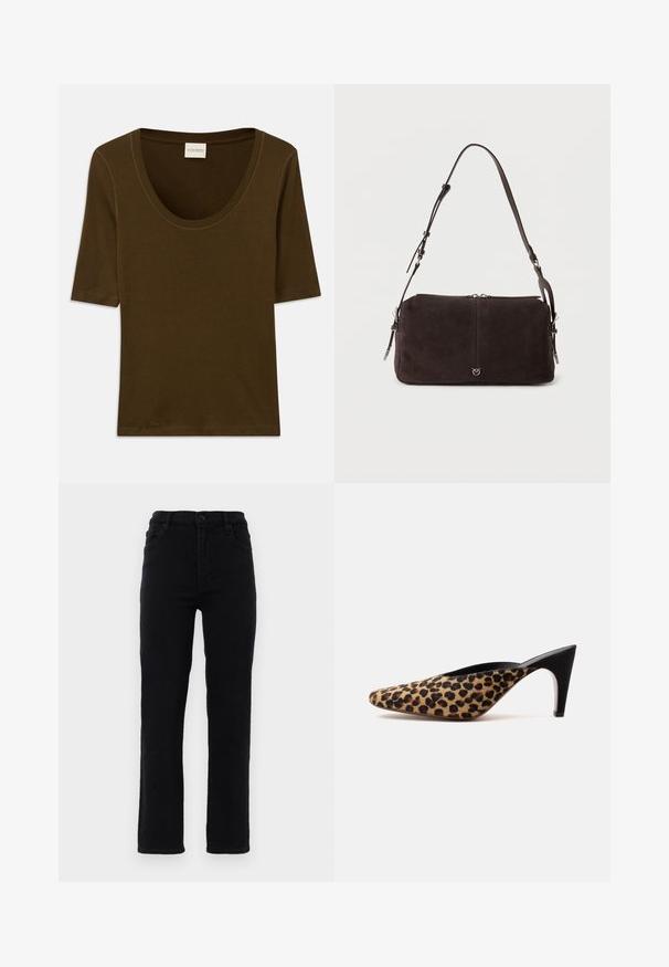 Chemise marron à manches courtes en tissu doux, avec un col arrondi et un design simple et épuré. Aucun motif ni détail supplémentaire.; Jeans en denim noir avec des jambes droites, une taille mi-haute et cinq poches. Comprend une fermeture à bouton à l'avant et des passants de ceinture.; Mule à bout pointu avec dessus imprimé léopard et talon stiletto noir de hauteur moyenne sur fond blanc uni.; Sac à bandoulière en daim marron foncé avec sangle réglable, fermeture éclair supérieure et petit logo argenté au centre avant.