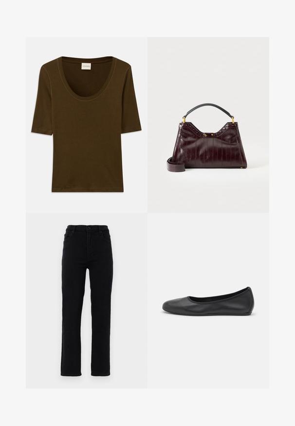 Chemise marron à manches courtes en tissu doux, avec un col arrondi et un design simple et épuré. Aucun motif ni détail supplémentaire.; Jeans en denim noir avec des jambes droites, une taille mi-haute et cinq poches. Comprend une fermeture à bouton à l'avant et des passants de ceinture.; Ballerines en cuir noir avec un bout rond, texture lisse, détails de couture minimalistes et design de semelle flexible.; Sac à main en cuir bordeaux foncé avec motif texturé, poignée supérieure noire, accessoires dorés et bandoulière amovible sur fond blanc.