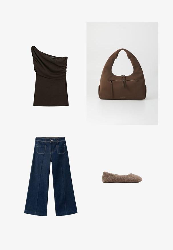 Sort top med ét skulderstrop, rynket med en draperet halsudskæring og et Massimo Dutti-mærke inde i kraven.; Vidbenede mørkeblå denim bukser med høj talje, der har to baglommer, synlige sømme og lukning med knap foran.; Brun, fleece-fodret ballet flats med rund tå. Blød tekstur og sømløst design, der har en lav profil. Ingen synlige detaljer.; Brun stof håndtaske med et unikt buet håndtag og en lynlåslomme foran. Har en glat tekstur og guldlogo-detalje.