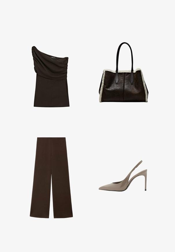 Zwarte, asymmetrische top met geplooide details en een gedrapeerde halslijn, met een Massimo Dutti-label aan de binnenkant van de kraag.; Wijdvallende broek gemaakt van een gladde, donkerbruine stof. Kenmerkt zich door een hoge tailleband en een minimalistisch ontwerp zonder versieringen.; Beige gepatenteerde leren slingback hoge hakken met een spitse neus en een slank ontwerp, voorzien van een dunne hoge hak en een uitsparing aan de zijkant.; Bruine leren handtas met een zachte witte fleece rand en gladde donkerbruine handvatten, met een gestructureerde vorm en dubbele open vakken.
