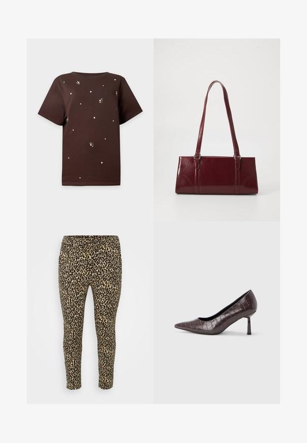 Camiseta marrón de manga corta con pequeños puntos blancos y patrones parecidos a abejas dispersos por el frente y las mangas.; Leggings con estampado de leopardo en tono beige y negro, que presentan una cintura con cordón, ajuste ceñido y una tela suave y elástica para mayor comodidad.; Tacones puntiagudos de cuero sintético marrón con textura de cocodrilo, con un tacón delgado y angular y un forro interior suave.; Bolso burdeos hecho de material brillante, de forma rectangular, con dos asas para el hombro y sutiles acentos curvados en la parte frontal.
