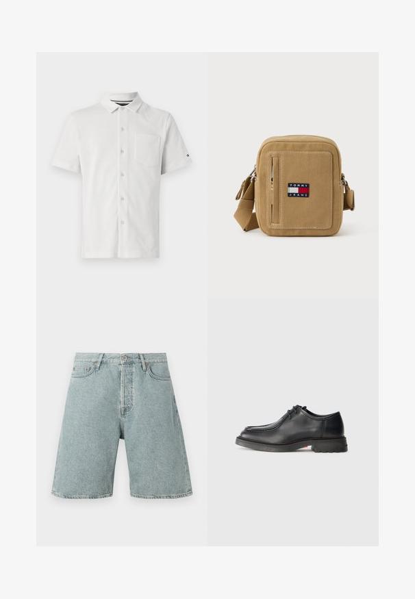 Kurzärmliges weißes Poloshirt mit Knopfleiste, kleiner Tasche, strukturiertem Stoff und einem dezenten Muster.; Hellblaue Jeans-Shorts mit lässiger Passform, fünf Taschen und Knopfverschluss. Abgeriebene Textur mit sichtbaren Nähten.; Schwarzer Lederschuh mit glatter Textur, abgerundetem Zehenbereich und flacher, geprägter Naht. Dicke Gummisohle mit leichtem Absatz und rutschfester Musterung.; Beige Umhängetasche aus Stoff mit rechteckiger Form, vorderer Reißverschlusstasche und einem gebrandeten Patch. Verfügt über einen verstellbaren Riemen und Nahtdetails.
