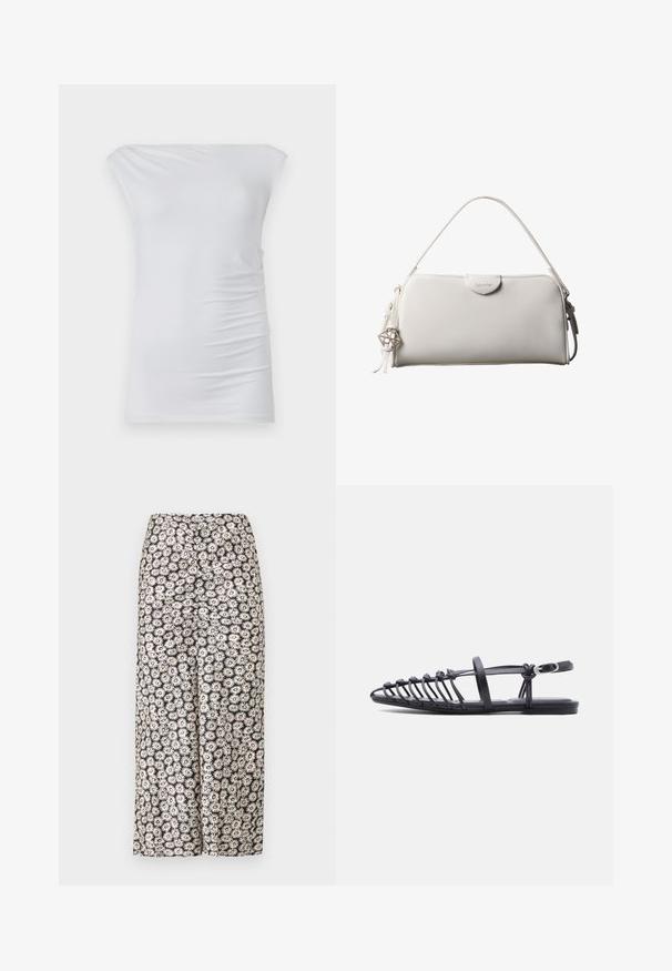 Haut blanc décolleté fait en tissu doux ; présente une coupe ajustée avec des fronces discrètes sur les côtés et une texture lisse.; Pantalons larges floraux avec un fond noir orné de marguerites blanches et d'accents rouges, fabriqués en tissu léger avec une texture lisse.; Sandale plate noire avec plusieurs fines lanières, bride à boucle à la cheville et design cage à bout ouvert sur fond blanc.; Sac à main rectangulaire blanc Calvin Klein avec une seule poignée, design minimaliste et pampilles décoratives avec un charm métallique géométrique sur le côté.