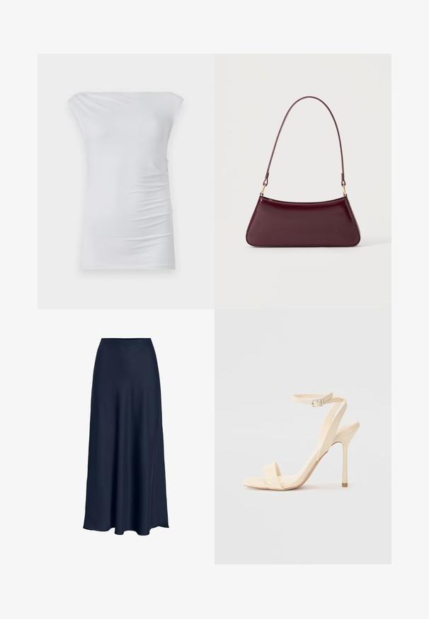 Haut blanc décolleté fait en tissu doux ; présente une coupe ajustée avec des fronces discrètes sur les côtés et une texture lisse.; Jupe maxi en satin bleu marine avec une texture lisse, taille haute et silhouette fluide. Se termine par une légère courbe à l'ourlet.; Sandale à talon haut beige avec une sangle fine autour de la cheville et un bout carré. Matériau synthétique lisse, design minimaliste et talon aiguille.; Sac à main brillant bordeaux foncé avec une anse fine unique et une forme trapézoïdale élégante sur un fond clair uni.