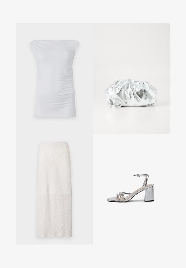 Haut blanc décolleté fait en tissu doux ; présente une coupe ajustée avec des fronces discrètes sur les côtés et une texture lisse.; Longue jupe blanche avec un motif discret en losanges et de petits sequins éparpillés, présentée sur un fond gris uni.; Sandale à talon haut en métal argenté avec un talon bloc, une fine sangle de cheville et plusieurs larges bandes sur l'avant du pied. Texture lisse.; Pochette argent métallique avec un corps doux et froncé et une fine bandoulière. Présente une texture lisse et brillante ainsi qu'une forme arrondie.