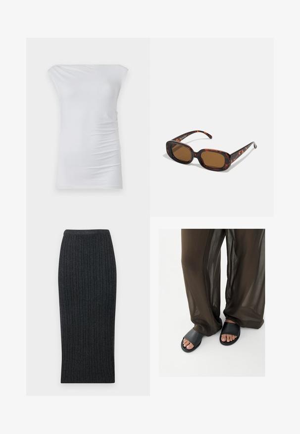 Hvid off-the-shoulder top lavet af blødt stof; har et tætsiddende design med diskret side-frynse og glat tekstur.; Mørkegrå ribbet strikket midikjole med en tætsiddende silhuet og elastisk talje. Har lodret ribbning for tekstur.; Fødder i sorte slidesandaler parret med løstsiddende, gennemsigtige brune bukser mod en ensfarvet hvid baggrund.; Skildpaddefarvede solbriller med rektangulær form, brune linser, glat plastikskelet og tynde stænger med subtile tonale mønstre.