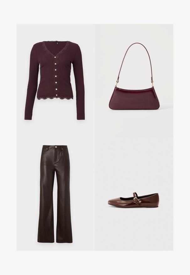 Cárdigan burdeos de manga larga con acabado de encaje, presenta un escote con volantes y cinco botones en la parte delantera. Textura suave con relieve.; Vero Moda Wide-leg VMTESSA High rise - Pantalones - chocolate torte; Bailarina de charol marrón con punta cuadrada y tira que presenta una pequeña hebilla dorada. Textura suave, tacón bajo y diseño minimalista.; Bolso brillante de color burdeos oscuro con un asa fina y única y una forma elegante de trapecio sobre un fondo claro y liso.