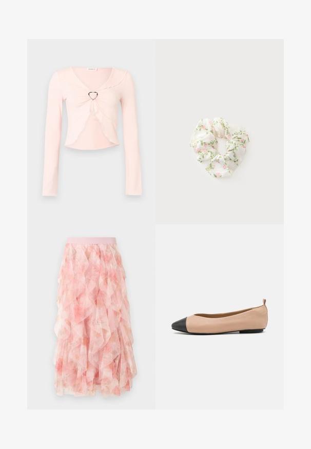 Lyserød langærmet cropped top med bølget kant og en hjerteformet metalringdetalje foran i midten.; Pink lagdelt tyll midi nederdel med blomsterprint og elastisk taljebånd, med bløde flæseteksturer.; Læderballetflade med en nude farve og sort tætsko. Har et minimalistisk design, glat tekstur og en lille bagløkke for nem påføring.; Hvid stof scrunchie med pink blomster og grønne blade mønster på en lys baggrund.
