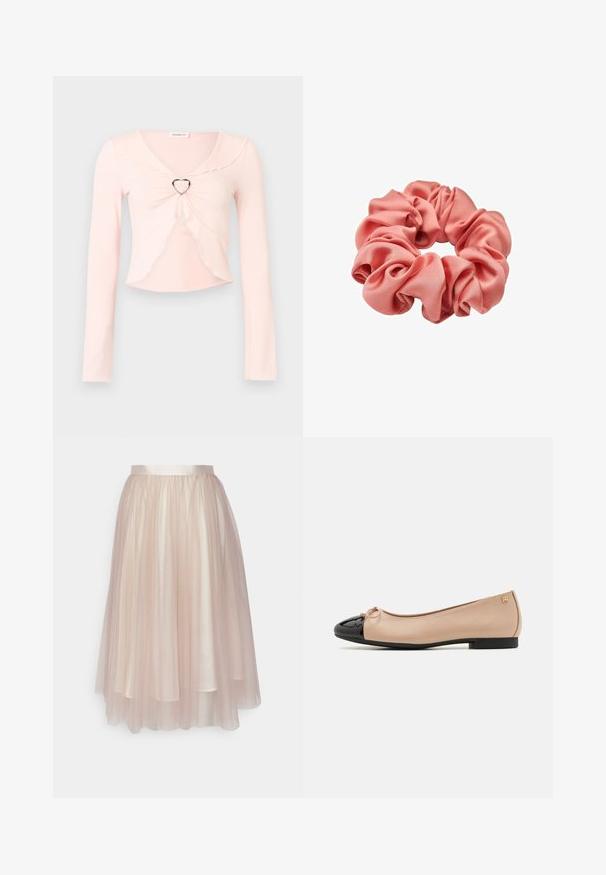Lichtroze crop top met lange mouwen, geschulpte randen en een metalen ring in de vorm van een hartje middenvoor.; Ida Sjöstedt FLAWLESS SKIRT - A-lijn rok - warm beige; Ballet flats met een beige satijnen bovenkant, zwarte lakleren neuskap, kleine strikdetail aan de voorkant en een lage zwarte hak.; Roze satijnen scrunchie met geplooide stof die zachte, volumineuze ruches vormt rond een elastische band.