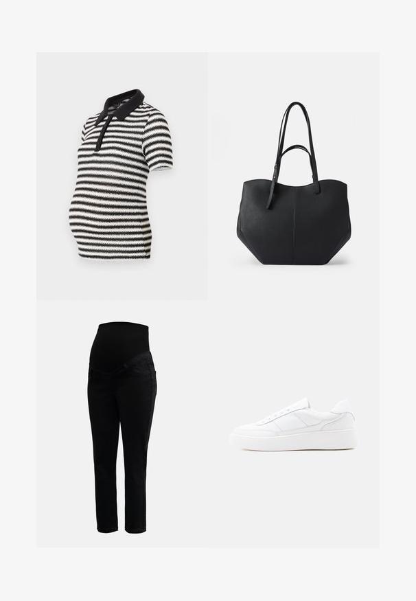 Chemise polo à rayures noir et blanc à manches courtes, avec un col noir et une fermeture à boutons, conçue pour le port pendant la grossesse.; Jeans de maternité noirs avec une taille haute extensible et des jambes slim, conçus pour le confort et le soutien pendant la grossesse.; Baskets basses blanches avec semelle épaisse, design à lacets et détails de couture subtils sur un fond clair uni.; Sac fourre-tout noir en cuir lisse et texturé, avec un haut arrondi et deux longues anses. Présente une base angulaire pour la stabilité et un design structuré.