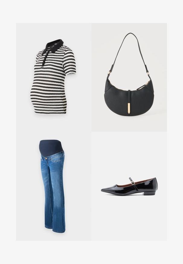 Pruhované polo tričko v čiernobielej farbe s krátkymi rukávmi, čiernym golierom a zapínaním na gombíky, navrhnuté na nosenie počas tehotenstva.; Tehotenské džínsy vyrobené z modrého denimu, so tmavomodrým elastickým panelom v páse, rozšírenými nohavicami a klasickým dizajnom s piatimi vreckami.; Čierne lakované ležérne balerínky Mary Jane s špicatou špičkou a malým opätkom, vybavené nastaviteľným remienkom so zlatou sponou.; Čierna kabelka v tvare polmesiaca s jedným remienkom, zlatým zipsom a zlatou obdĺžnikovou dekoratívnou záložkou vpredu.