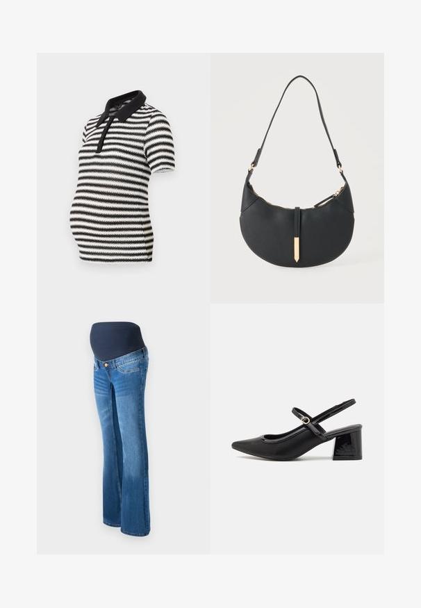 Chemise polo à rayures noir et blanc à manches courtes, avec un col noir et une fermeture à boutons, conçue pour le port pendant la grossesse.; Jeans de maternité en denim bleu, avec un panneau extensible bleu marine à la taille, des jambes évasées et un design classique à cinq poches.; Escarpins slingback en cuir verni noir avec un embout pointu, un design à découpes arrondies et un talon carré. Présente un accent de boucle en ton doré.; Sac à main noir en forme de croissant avec une bandoulière unique, une fermeture éclair dorée et une languette décorative rectangulaire dorée à l'avant.
