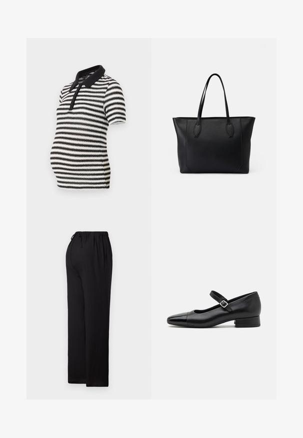 Schwarz-weißer gestreifter Poloshirt mit kurzen Ärmeln, schwarzem Kragen und Knopfleiste, entworfen für Umstandsmode.; Schwarze, lässige Hose aus leichtem Material. Sie hat einen elastischen Bund mit Kordelzug, ein gerades Bein und einen flachen Saum.; Schwarze Leder-Mary-Jane-Schuhe mit einer patentierten Zehenkappe, verstellbarem Knöchelriemen und niedrigem Blockabsatz. Glatte Textur und elegantes Design.; Schwarze Leder-Tote mit zwei stabilen Griffen, geprägt von einer glatten Textur, rechteckiger Form und dezenten Nähten entlang der Kanten.