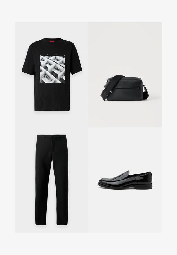 Sort bomulds-t-shirt med et grafisk tryk af et monokromt kontorlandskabs-layout. Rund halsudskæring, korte ærmer og almindelig pasform.; Sorte bukser lavet af glat stof, med knaplukning, lige ben design og ingen synlige mønstre, med rene linjer.; Sort blankt læder slip-on selskabssko med lav hæl og rundet tå set fra siden på hvid baggrund.; Sort tekstureret læder crossbody taske med front lynlåslomme og justerbar bred stofskulderrem på hvid baggrund.
