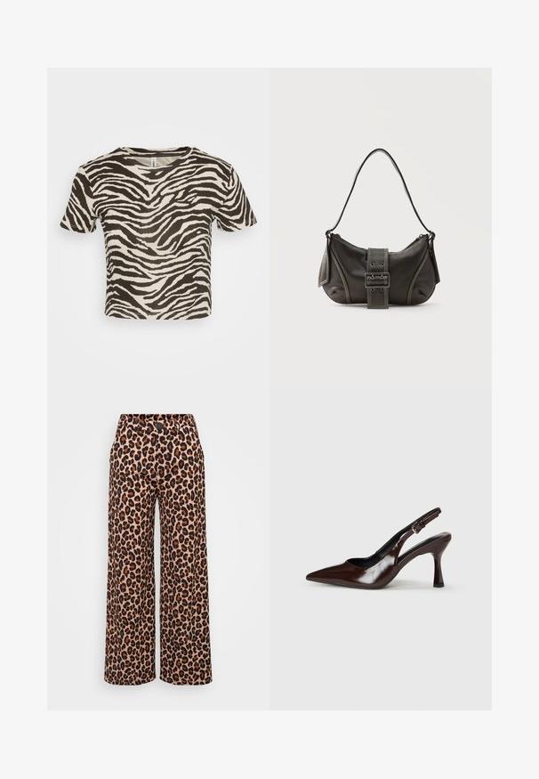 Zebra-striped t-shirt i beige og mørkebrun. Korte ærmer, rund halsudskæring, lavet af let stof med en løs pasform.; Even&Odd Petite by Zalando P-EO-AW21-A-003-SP / PETITE_TAILORED WIDE LEG TROUSERS - Bukser - brown; Brune patenterede læderslingback-sandaletter med spids tå, en tynd hæl og justerbar rem med en lille spænde.; Sort læder skuldertaske med spænde på remmen, afrundede kanter og kontrasterende hvide syninger på en ensfarvet baggrund.
