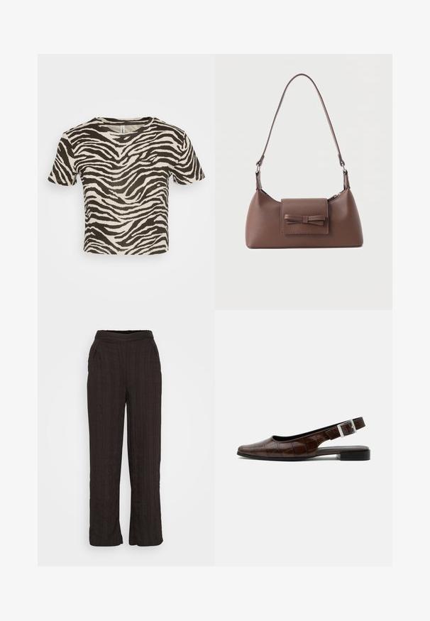 T-shirt à rayures zèbre en beige et marron foncé. Manches courtes, encolure ronde, fabriqué en tissu léger avec une coupe ample.; Pantalons larges noirs en tissu texturé avec un design plissé. Dotés d'une ceinture élastique et de poches latérales.; Chaussure plate slingback en cuir marron foncé avec bout carré, texture crocodile et boucle argentée sur la bride.; Sac à bandoulière en cuir marron avec une poche à rabat avant ornée d'un détail en forme de nœud cousu et une sangle réglable.